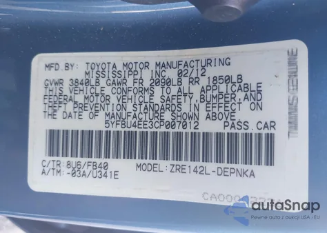 2012 Toyota Corolla Le из США, поврежденный, VIN 5YFBU4EE3CP007012